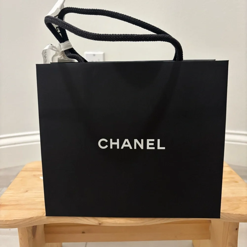 Small CHANEL Paper Shopping Gift Bag with Camellia and Ribbon
